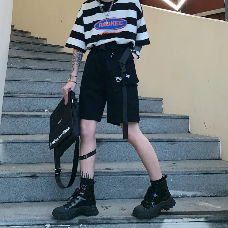 Летняя Корейская версия Ulzzang Harajuku уличные ретро комбинезоны с большими карманами повседневные свободные шорты с высокой талией уличный стиль черный