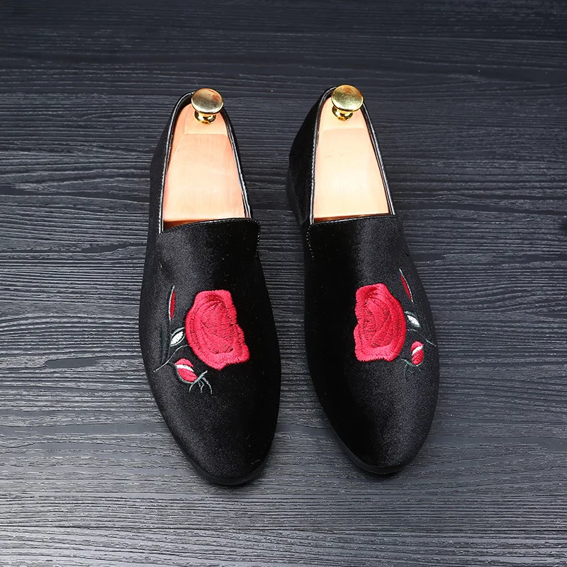 JNNGRIOR 2018 Fashion Mens Velvet Embroidery Red Shoes Loafers Pointed Toe Slip on Flat Leather Casual Driving Moccasins | Обувь