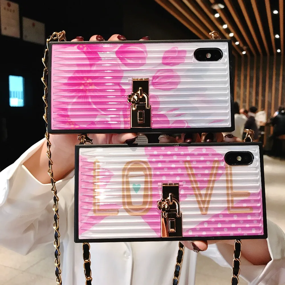 Luxury Cases for iphone XS MAX XR X 8 7 6 6S plus case cover fashion pink Cherry blossoms with long chain Silicone+PC Phone Bag |
