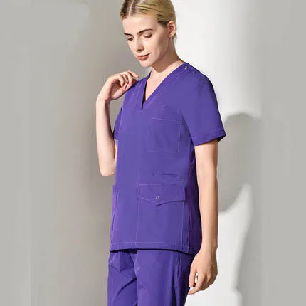 dark purple Унисекс медицинские наборы для скраба короткий рукав медсестры униформа доктора комплект одежды стоматологическая клиника Рабочие Комбинезоны хирургическое платье лабораторное пальто - Цвет: dark purple
