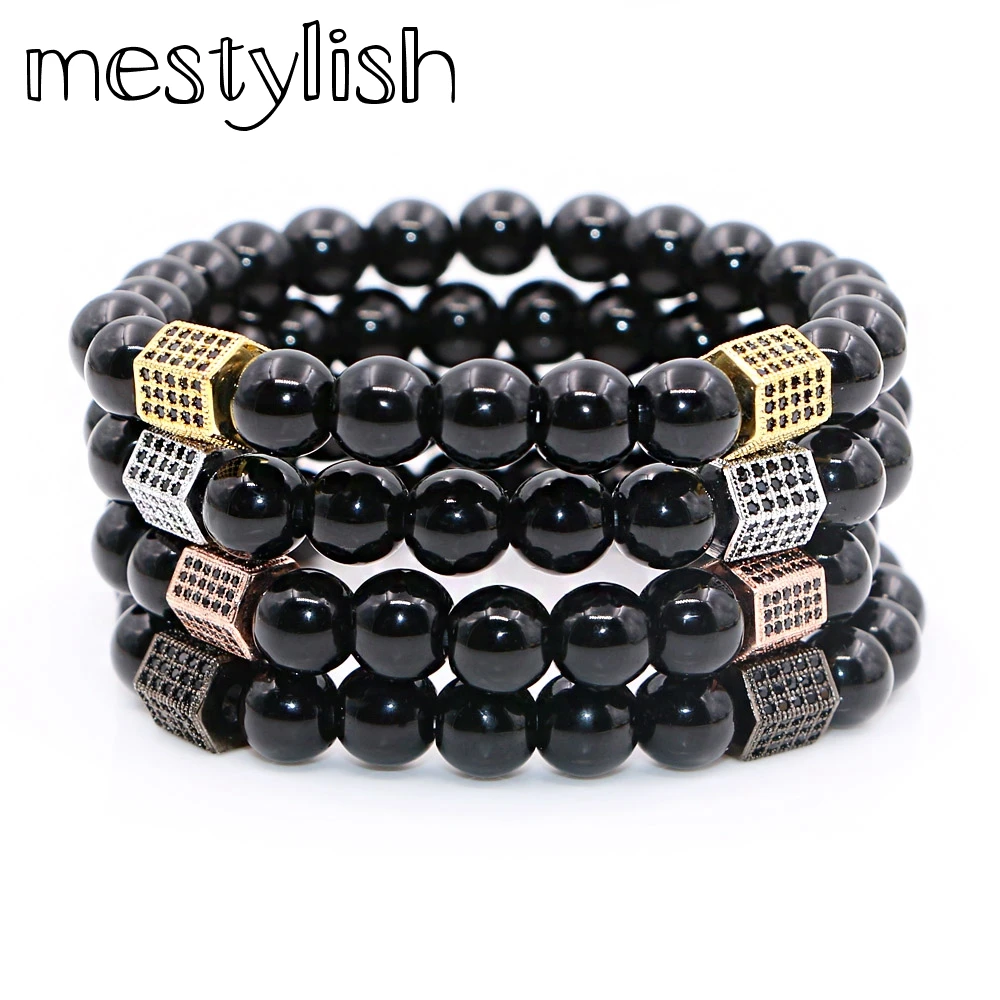 

Mestylish Black Onyx Stone Bead Bracelet For Women Men Rectangle Cubic CZ Zirconia Bracelets Jewelry Pulseras Mujer