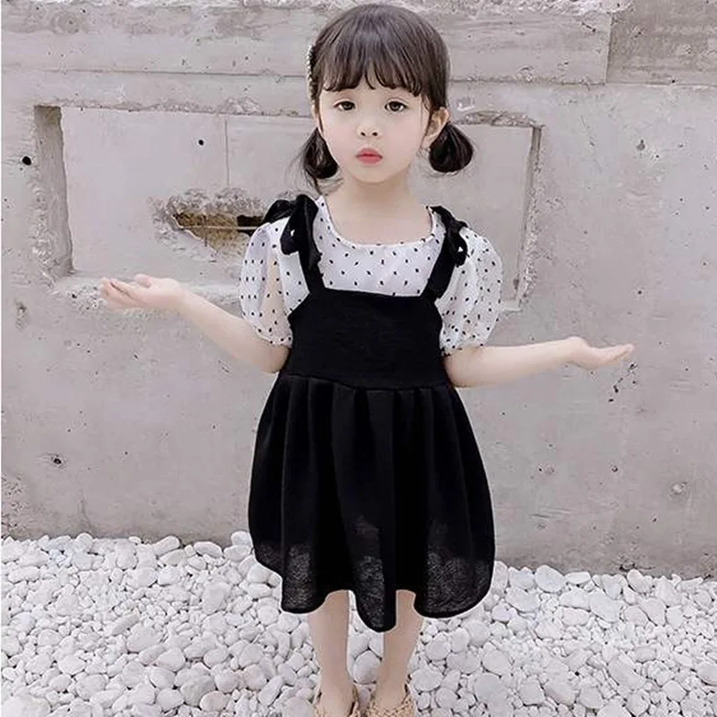 Детская одежда Mihkalev летняя для девочек футболка в горошек + черное платье