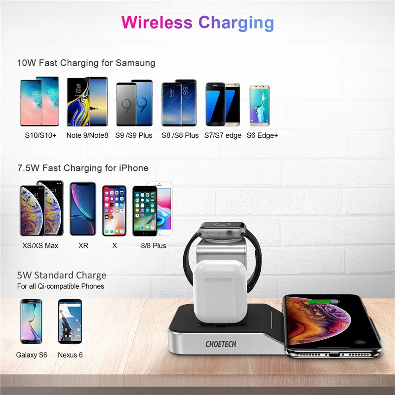 Сертифицированная Беспроводная зарядная док станция CHOETECH 4 в 1 7 5/10 Вт MFi для iPhone