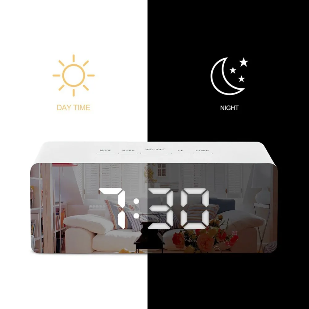 

LED Mirror Alarm Clock Digital Snooze Table Clock Wake Up Light Electronic Large Time Temperature Display Home Decoration Clock