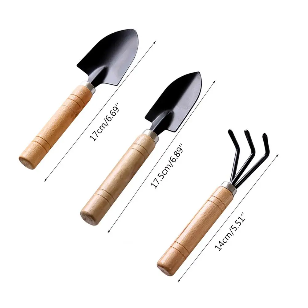 

Mini Iron Garden Shovel Rake Spade Erramientas Bonsai Tools Set 3Pcs Wooden Handle For Flowers Potted Plant
