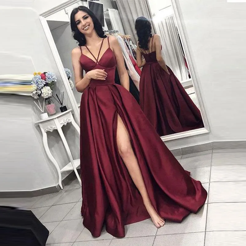 

Sexy Spaghetti Strap Evening Dress Long Side Split Prom Vestidos Satin Party Gowns Evening Gowns Robe De Soiree