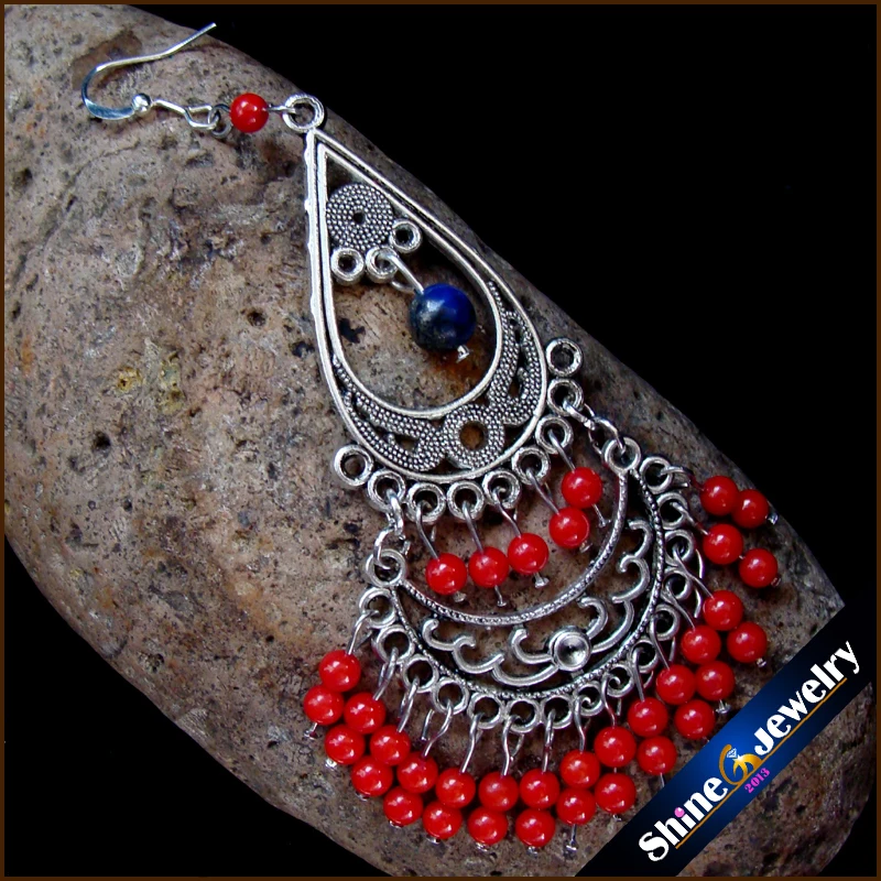 Винтажные тибетские стильные модные украшения серьги для женщин с коралловым