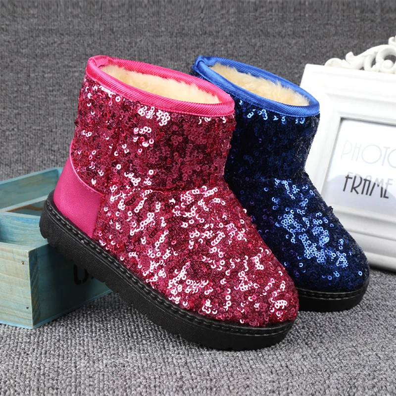 

Girls Winter Boots Bling Fashion Kids Shoes for Princess Non-slip Warm Boots Solid Color Round Toe Shoes Children 21-38 Red Blue