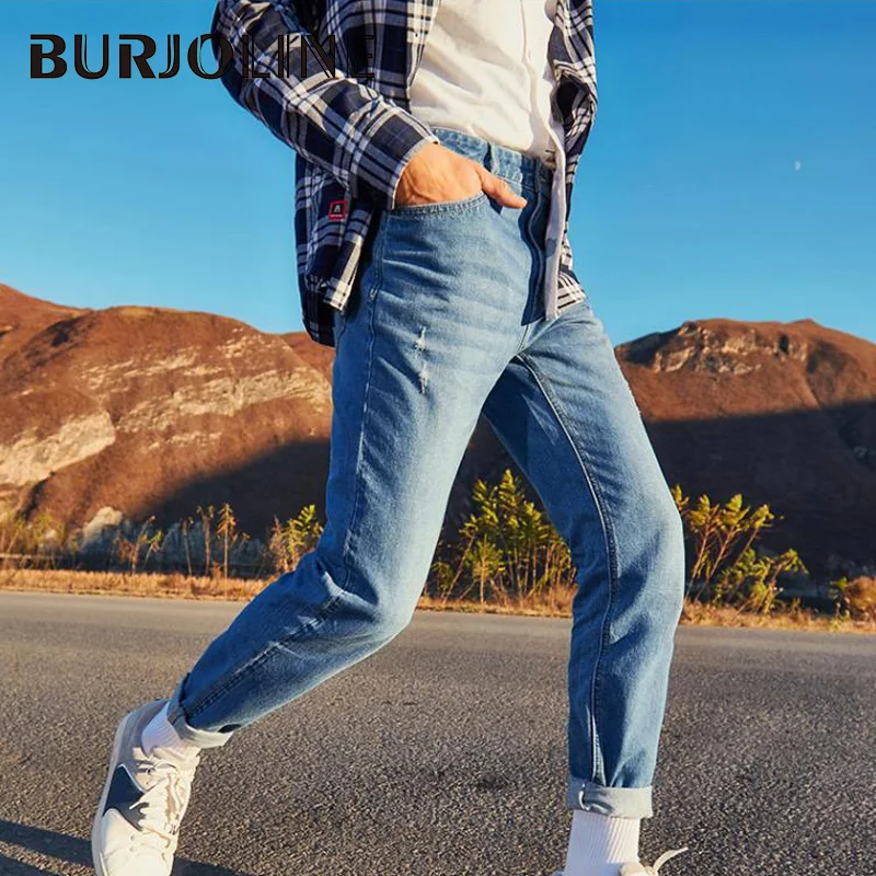 Мужские джинсы из хлопка BURJOLINE легкие Стрейчевые облегающие брюки повседневные