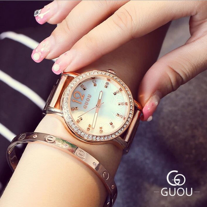 Женские часы с бриллиантами GUOU розовое золото роскошные женские со стразами saat