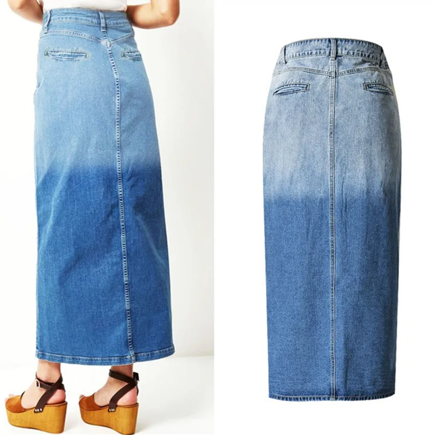 2019 women clothing high waist split pure cotton washed denim pencil skirt Female fashion vintage slim Midi long jean skirts | Женская
