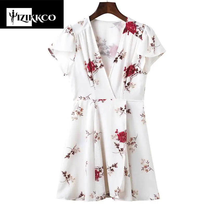 Boho Style Mini Dress Women Deep V Sexy Beach Summer Dresses Floral Print Vintage Chiffon White Dropped vestidos SZQ300 | Женская одежда