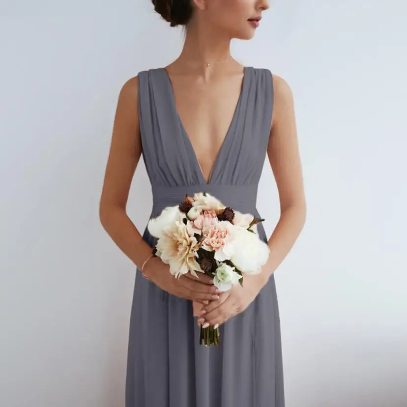 Женское платье 2019 Новое поступление шифоновое одноцветное глубокий v образный