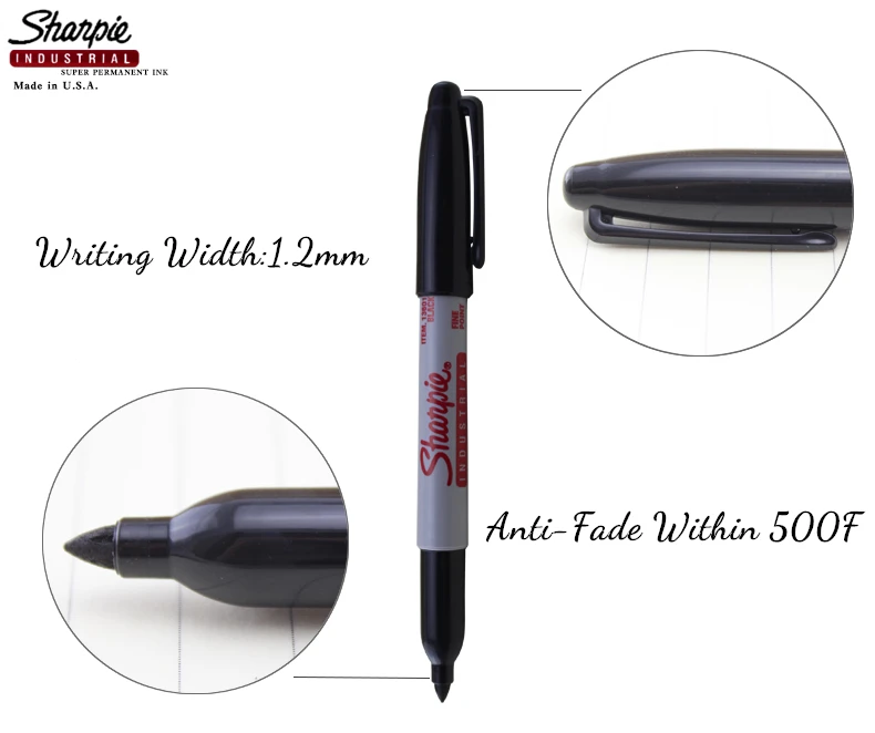 12 шт./лот 1 мм Sharpie промышленные перманентные Маркеры тонкой точки черные чернила тепла до 500F бумага металл стекло на масляной основе круглый носок