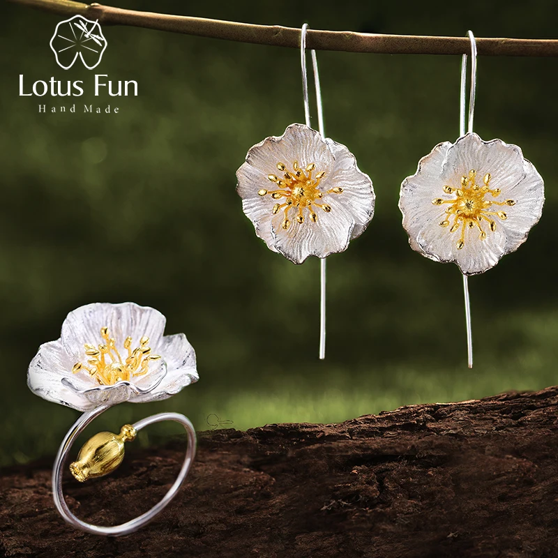 Lotus Fun реальные 925 пробы серебро ручной работы Fine Jewelry цветущие Маки цветок комплект ювелирных изделий для Для женщин