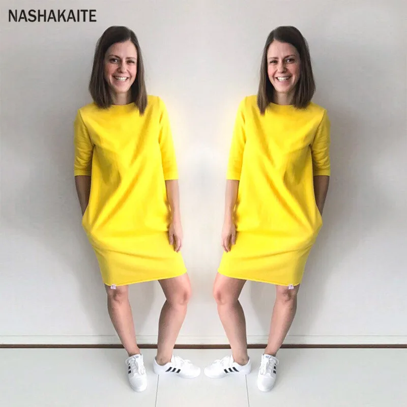 NASHAKAITE платья для мамы и дочки Осень Зима сплошной желтый карман толстовки платье мама дочь семья Одинаковая одежда