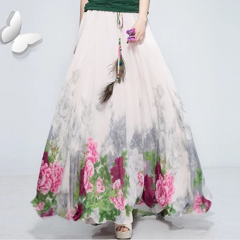 Харадзюку Винтаж Макси Юбки Женские однотонные Boho шифон Saia Longa Лето Тюль повседневные богемные длинные юбки женская одежда