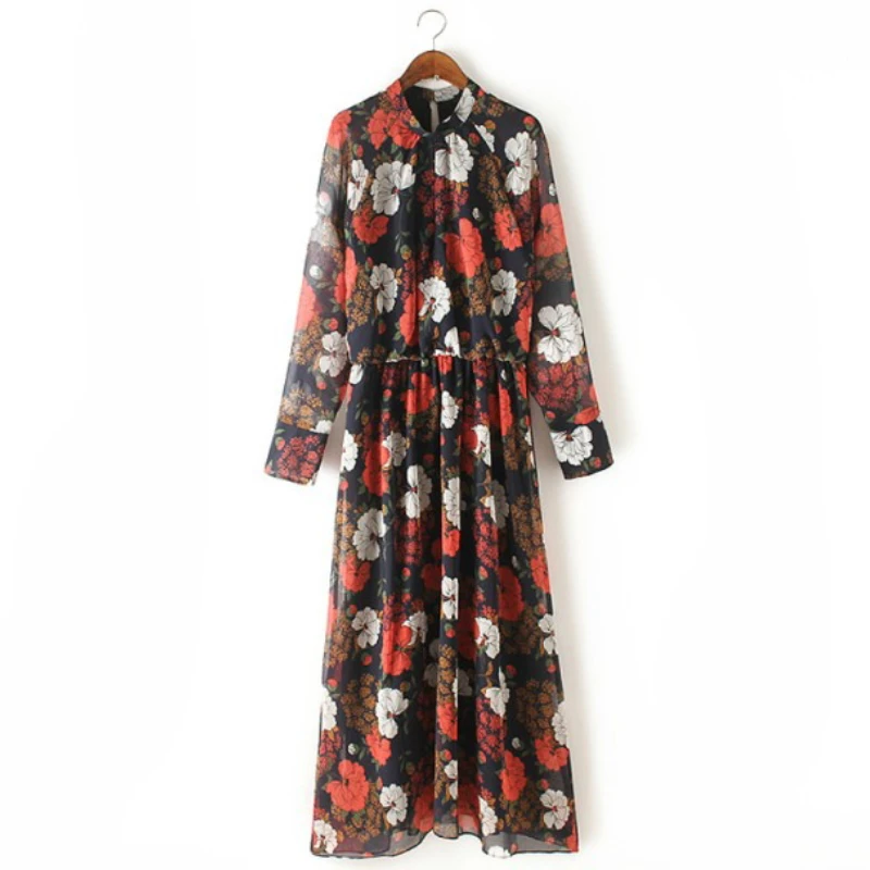 2017 лето-осень Для женщин Стенд Воротник Цветы Печать шифоновые платья дамы