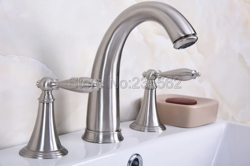 

Brushed Nickel Brass Deck Mounted Bathroom Basin Mixer Tap Widespread 3 holes Sink Vanity Faucet Hot Cold Water Tap Lbn016