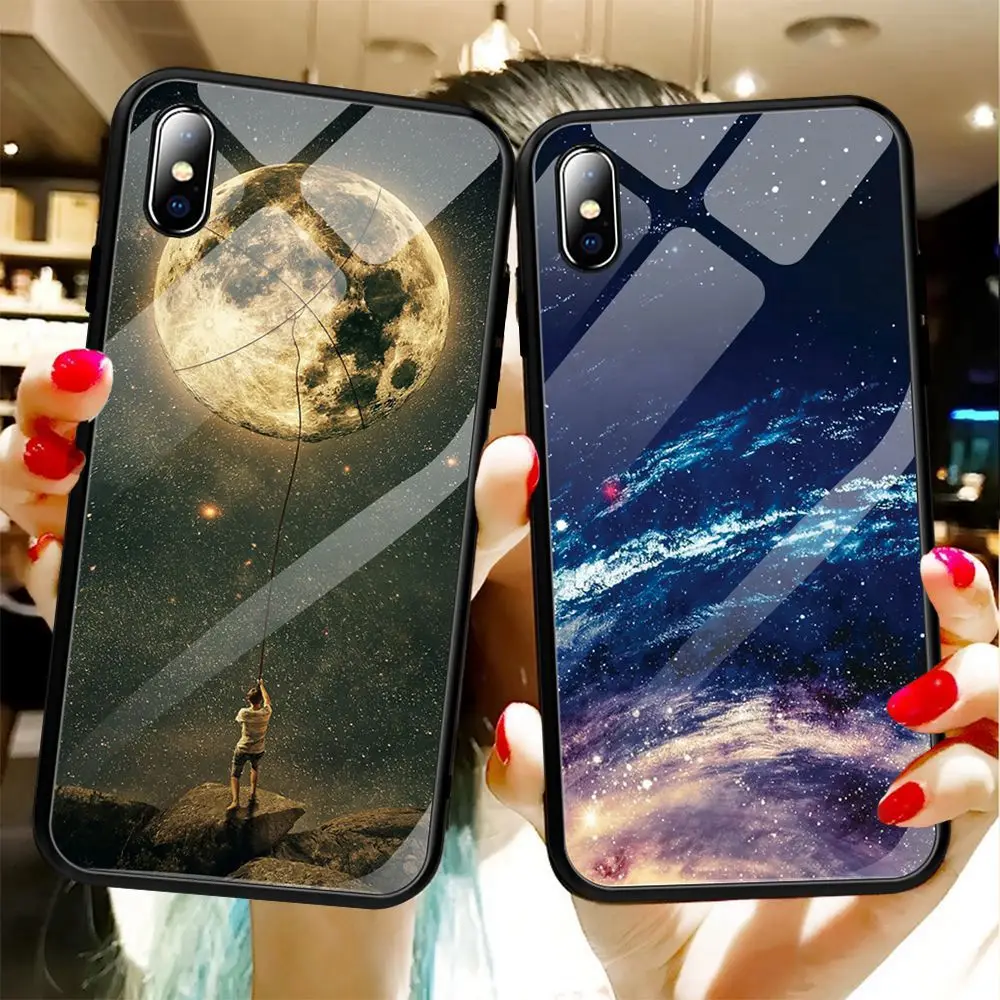 KISSCASE Модный чехол из закаленного стекла для iPhone 7 Plus X XS MAX XR с узором космоса и звезд на задней крышке для моделей 6 6S 8.