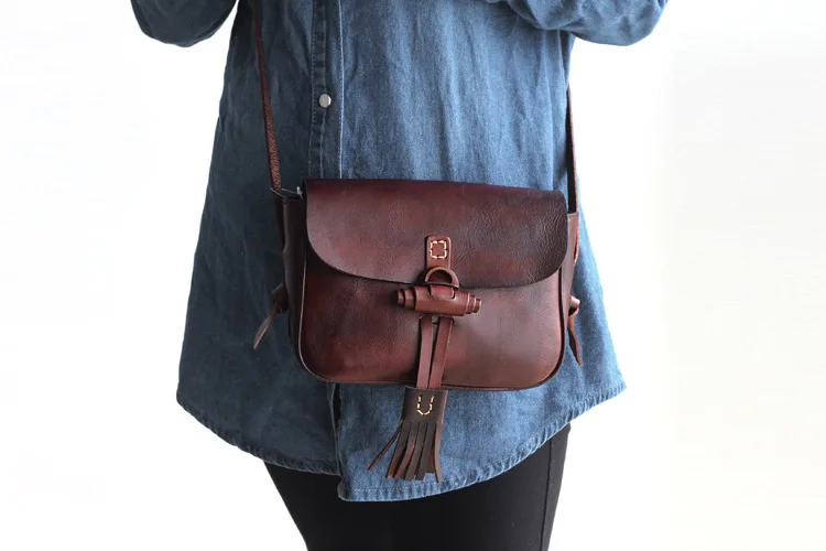 

First Layer Cow Leather Small Messenger Bag Women Vintage Handmade Natural Brushed-off Leather Handbag Female Cowboby Style Bag