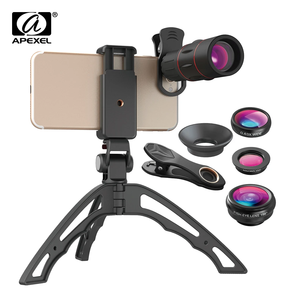 

APEXEL 18X Telephoto Mobile Phone Lens Monocular lens with 3 in 1 fisheye wide macro lens+mini tripod for huawei and all phones