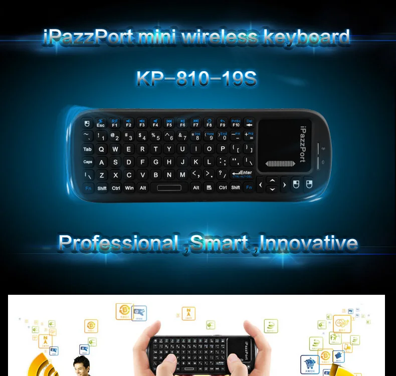 IPazzPort KP-810-19s 2,4 ГГц Мини Беспроводная клавиатура Air mouse с тачпадом для Android tv BOX/Mini PC/Raspberry Pi3/ноутбука