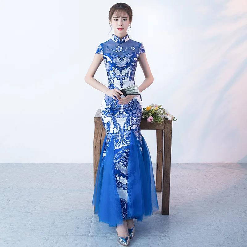 Белое синее современное китайское свадебное платье традиционное Ципао