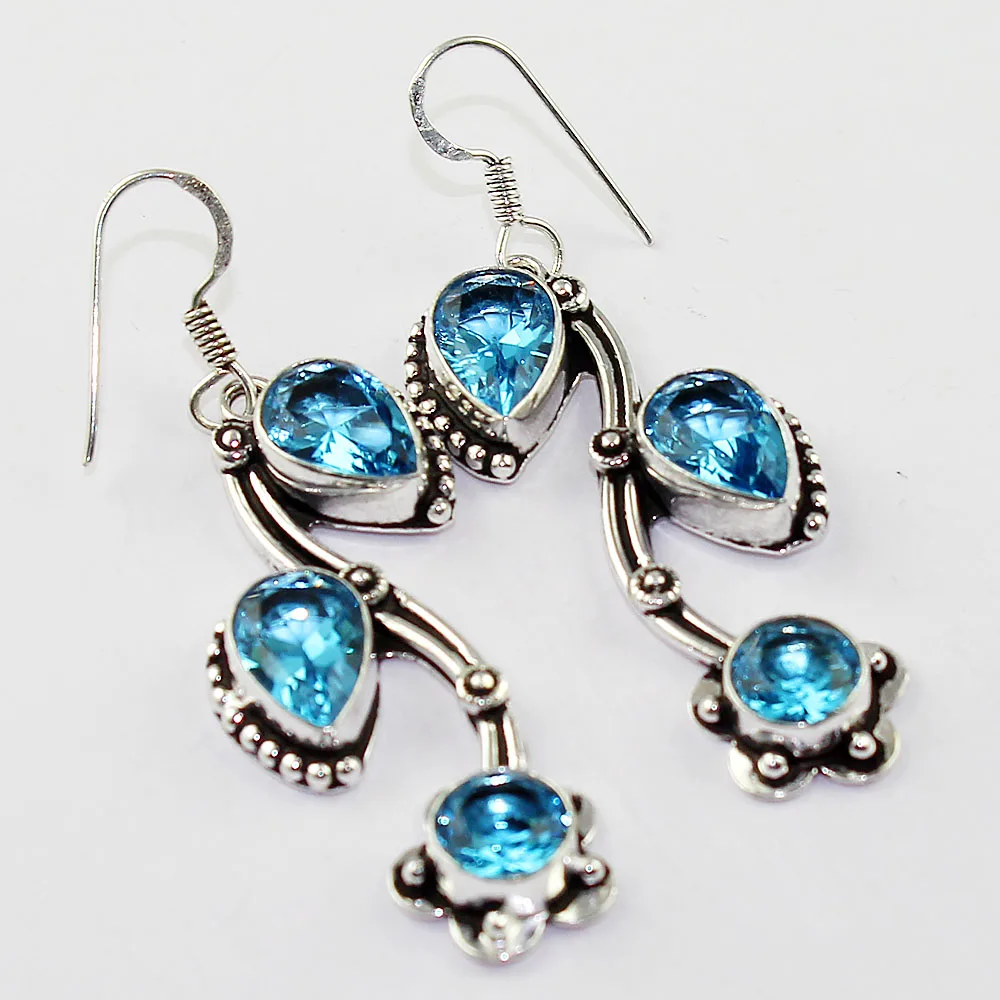 

Blue Topas Earrings Silver Overlay over Copper , 62mm, E1324