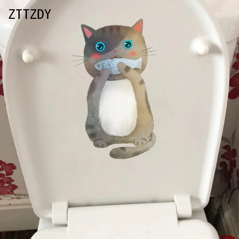 Настенный стикер ZTTZDY 13 5*21 4 см для кошек едят рыбу декор ванной и туалета|Наклейки