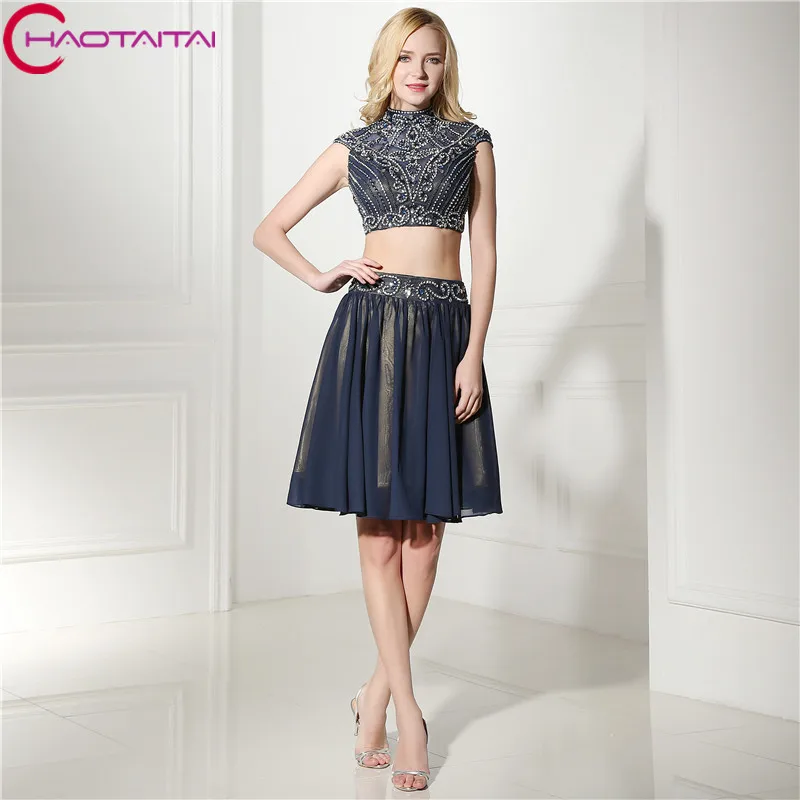 Sexy Line Высокий воротник Beaded Crop Top коктейльные платья 2018 с Кристалл Девушки Homecoming