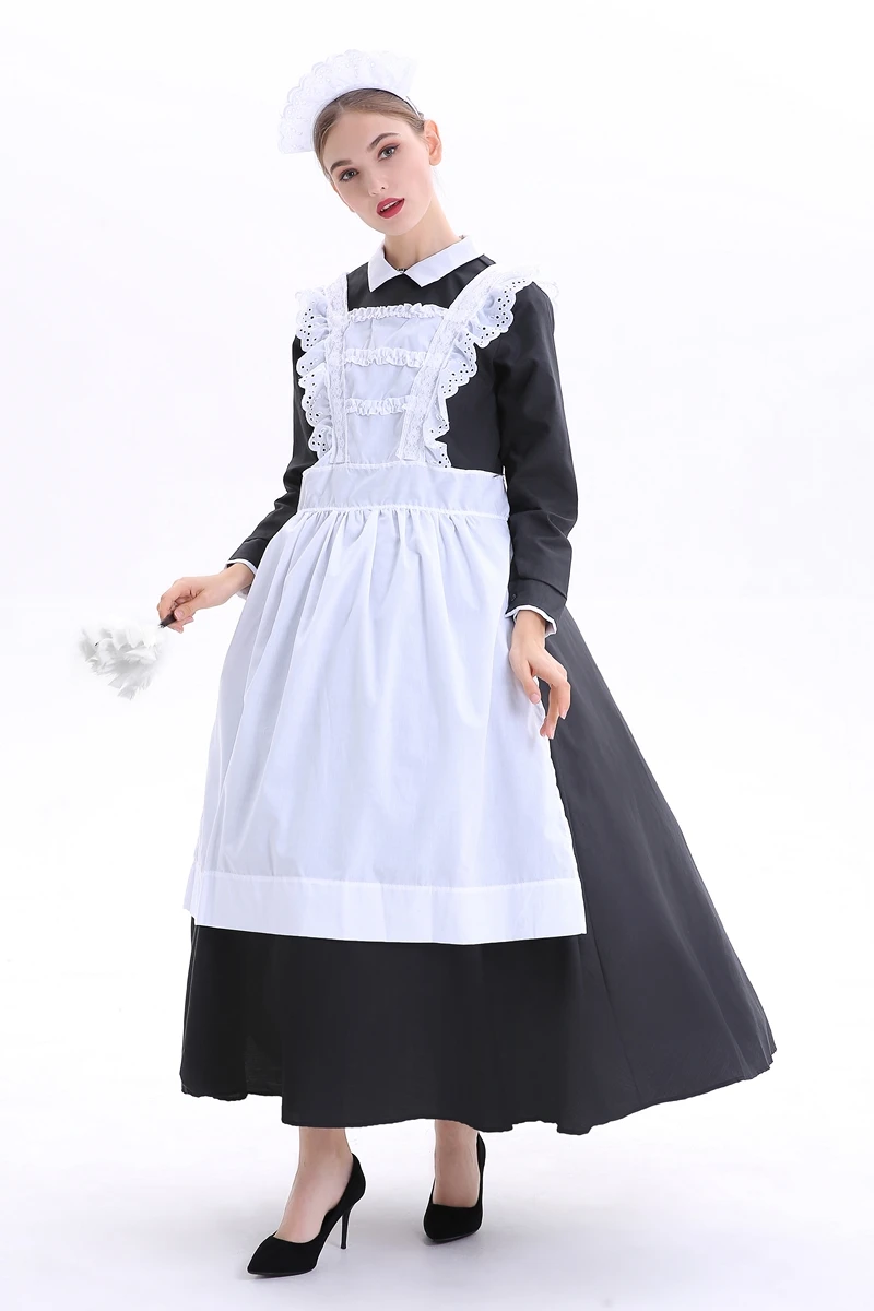 Черная Женская обувь в английском стиле горничной длинное платье костюм для