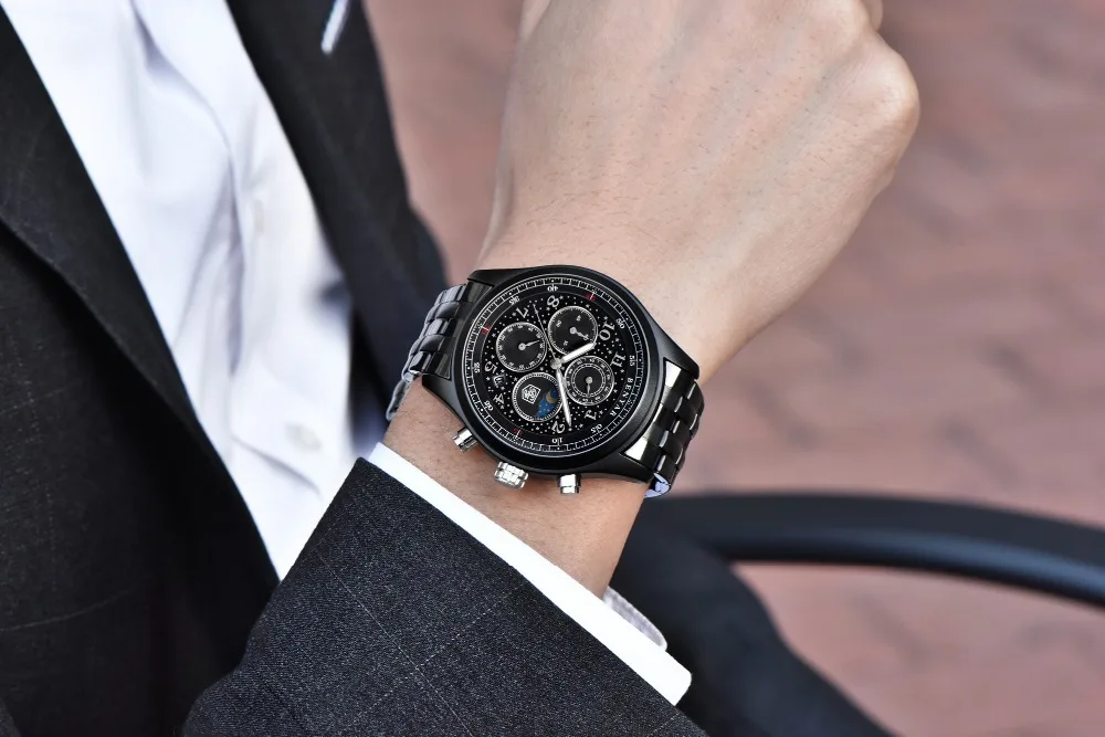 BENYAR Бизнес Мужские часы Moon Phase кожа кварцевые часы с хронографом спортивные военные водонепроницаемые мужские наручные часы