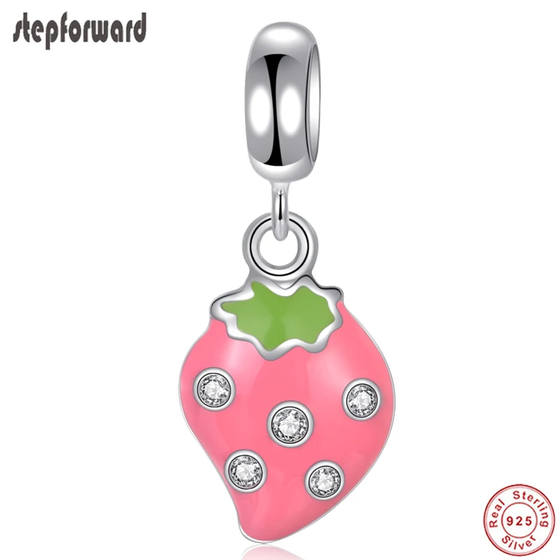 

Высокое качество DIY милый розовый эмаль дизайн 925 стерлингового серебра Прекрасный Клубника подвесной браслеты с подвесками на маленькую д...