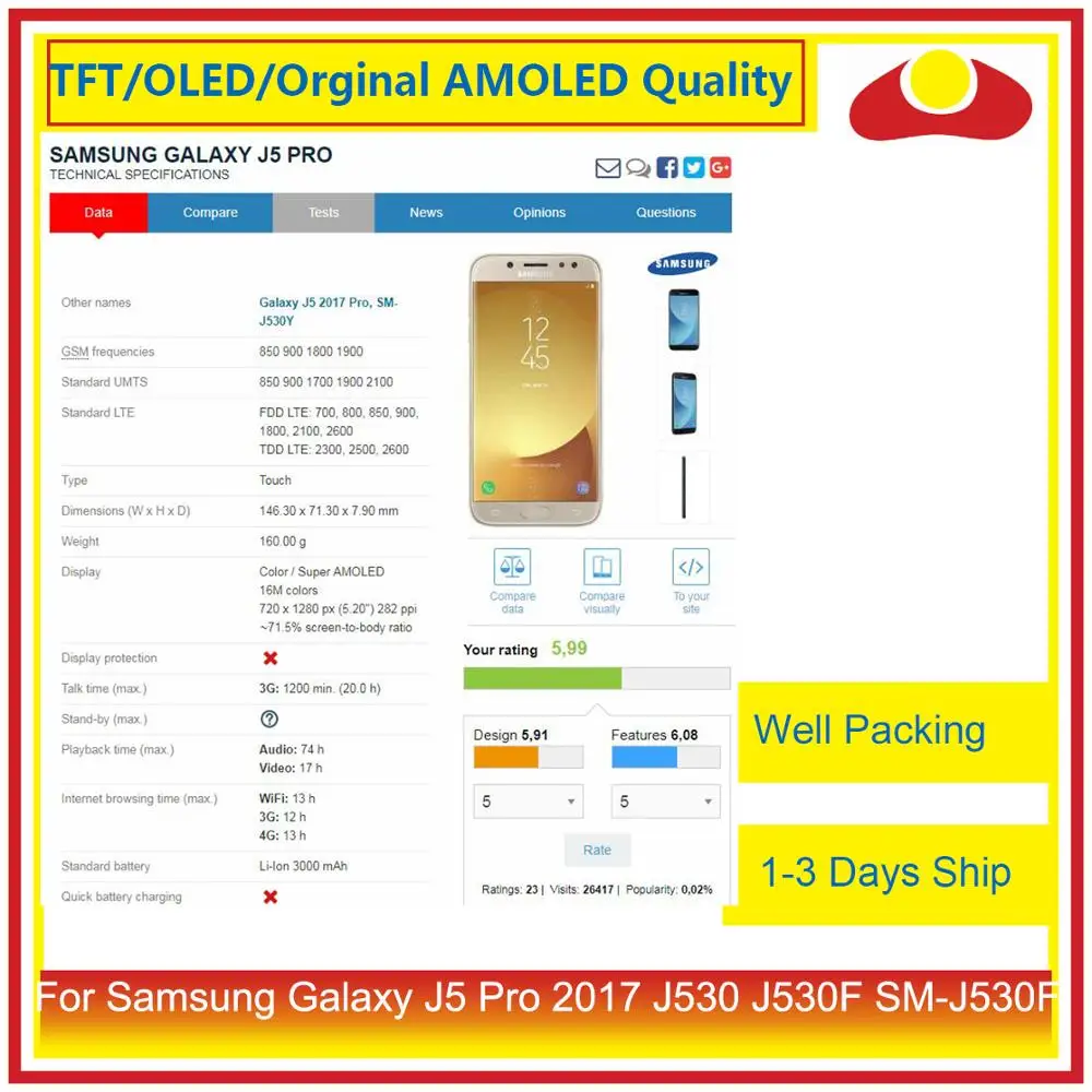 Оригинальный Для Samsung Galaxy J5 Pro 2017 J530 J530F SM ЖК дисплей с сенсорным экраном