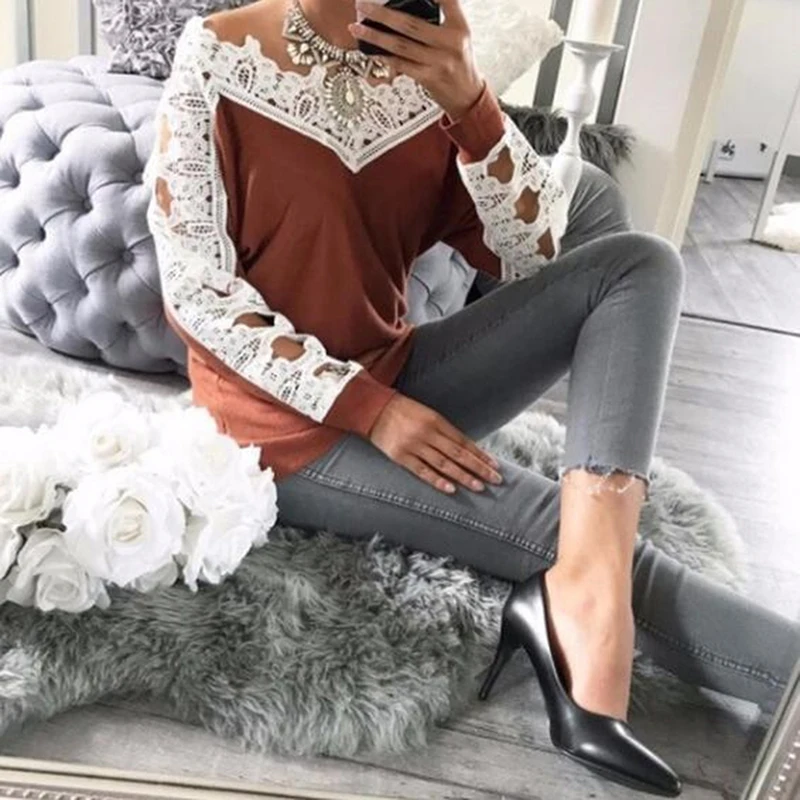 Кружевные женские блузки с v-образным вырезом новинка 2020 Лоскутная рубашка