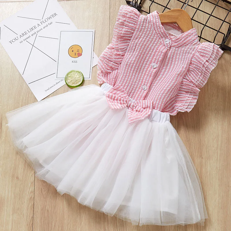 Комплекты летней одежды для девочек полосатая рубашка с оборками на рукавах