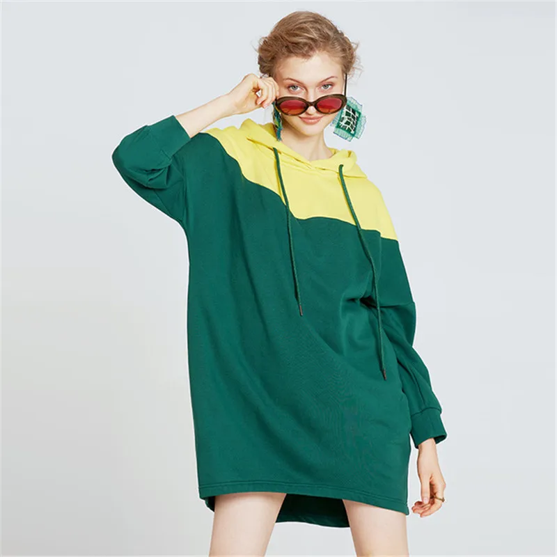 

Women pullover hoodies green yellow color patchwork top quality fashion elegant cotton street comfortable sweatshirts for ladies