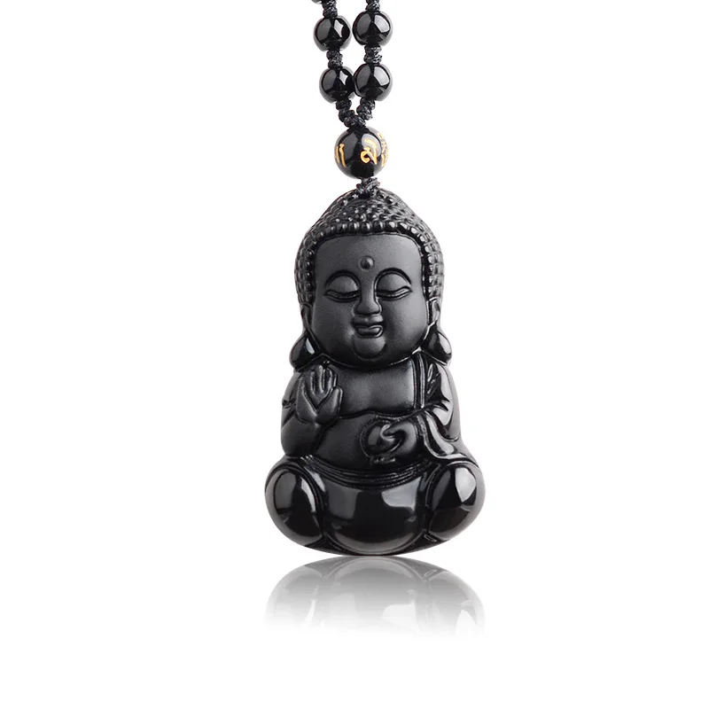 

Natural Black Obsidian Carved Baby Buddha Pendant With Amulet Lucky Beads Chain Female Male Pendant Necklace Popular Jewelry