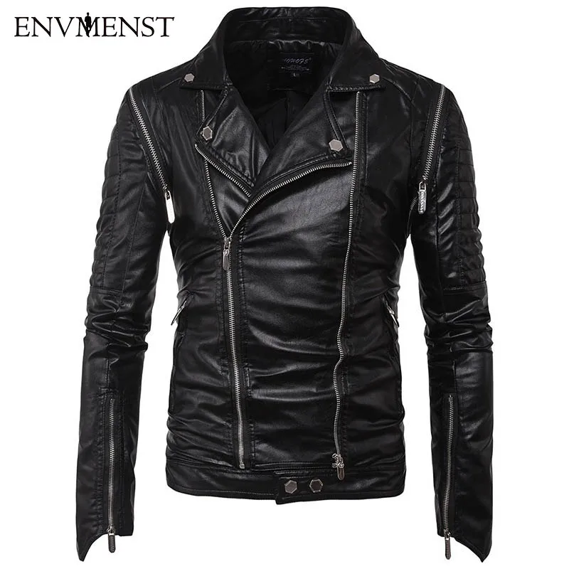 Env для мужчин st стиль для мужчин мульти молния Slim Fit отложной воротник повседневное черное пальто мужской PU мотоциклетная кожаная куртка
