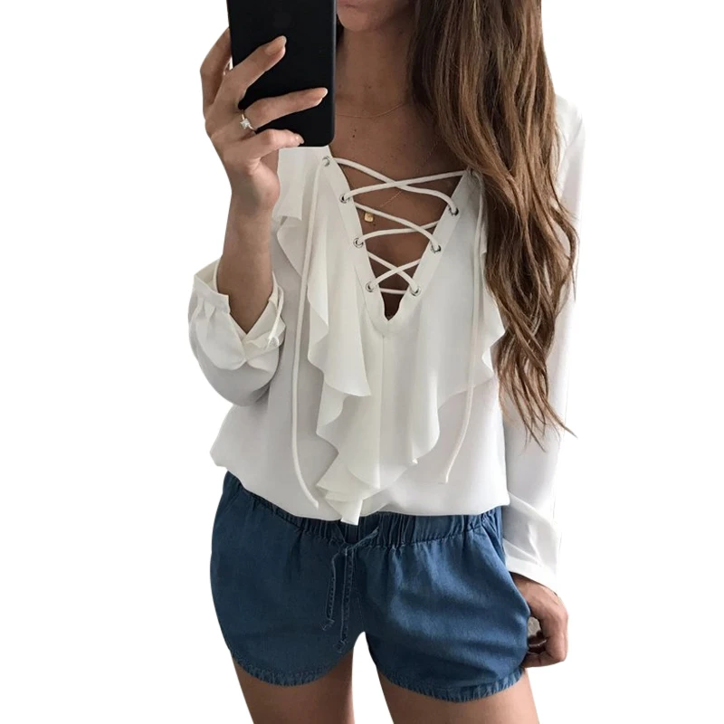 Пикантные Шифоновая блузка рябить Blusas Mujer женские Топы Кружева V шеи с ремешком