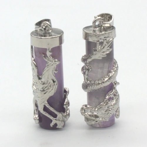 Amethysts Крафт-бусины посеребренные китайский стиль цилиндр аметисты розовый кварцевый кристалл обертывание дракон феникс кулон Винтажные Ювелирные Изделия - Окраска металла: Amethysts