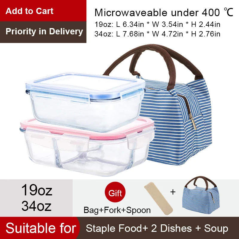 19oz-34oz-Blue Bag Здоровый материал Ланч-бокс 3 отделения коробки микроволновая посуда контейнер для хранения еды Ланч-бокс стеклянный контейнер - Цвет: 19oz-34oz-Blue Bag