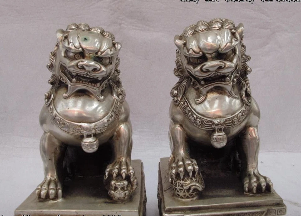8.5 Chinese White Copper Silver Evil Feng Shui Fu Foo Dog Lion beast Statue pair | Дом и сад
