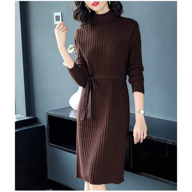 

Autumn Winter Women Dresses Female Casual Knitted Dresses Fashion Turtleneck Long Sleeve Thicken Sweater Dress RE2040