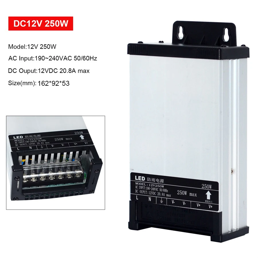 Светодиодный водонепроницаемый источник питания для улицы DC12V 60 Вт 120 Вт 200 Вт 250 Вт 400 Вт DC24V светодиодный трансформатор