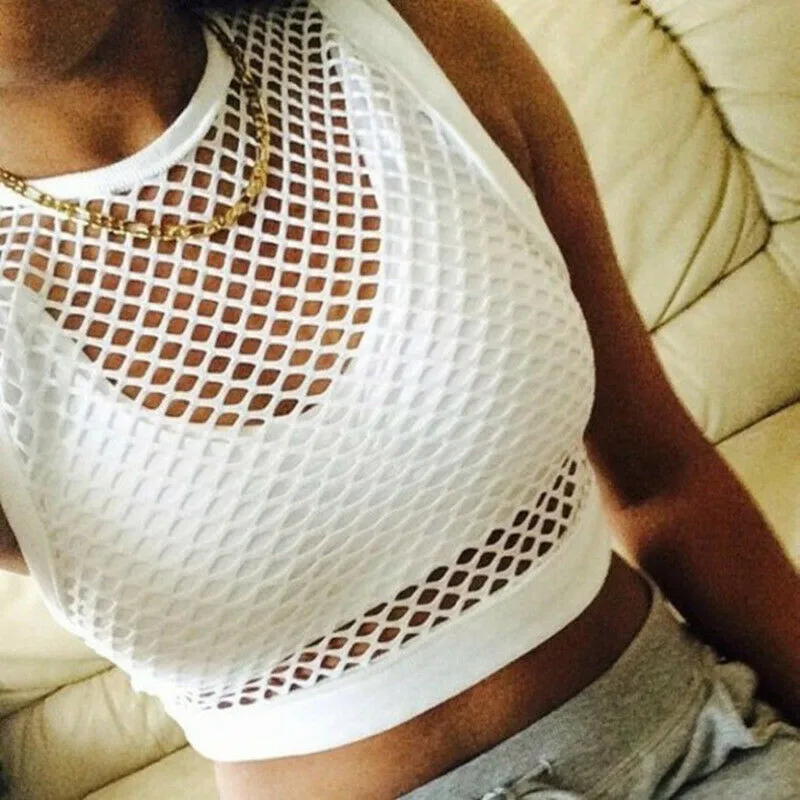 

Women Sexy Short Sleeve T-shirt See Through Mesh Fishnet Crop Top