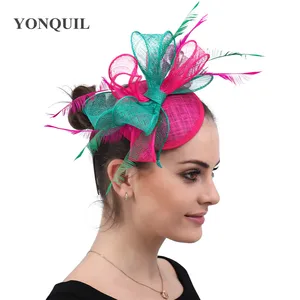 Ярко-розовые и зеленые вуалетки Sinamay с бантом, Шляпа Дерби с пером, красная Коктейльная Свадебная шляпа, высокое качество