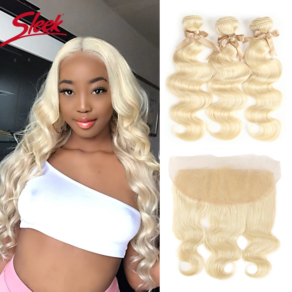 

Sleek 613 Honey Blonde Bundles With Frontal Human Hair Bundles Blonde Peruvian Body Wave Hair 3/4 Bundles With Frontal Closure