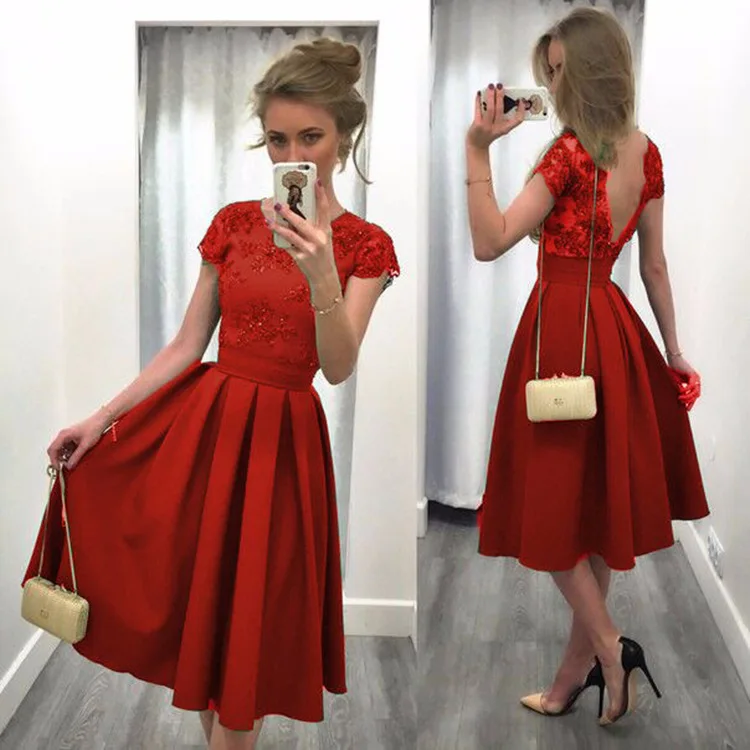 

sexy lace patchwork backless party new dresses summer spring short sleeve knee-length a-line banquet female dresses